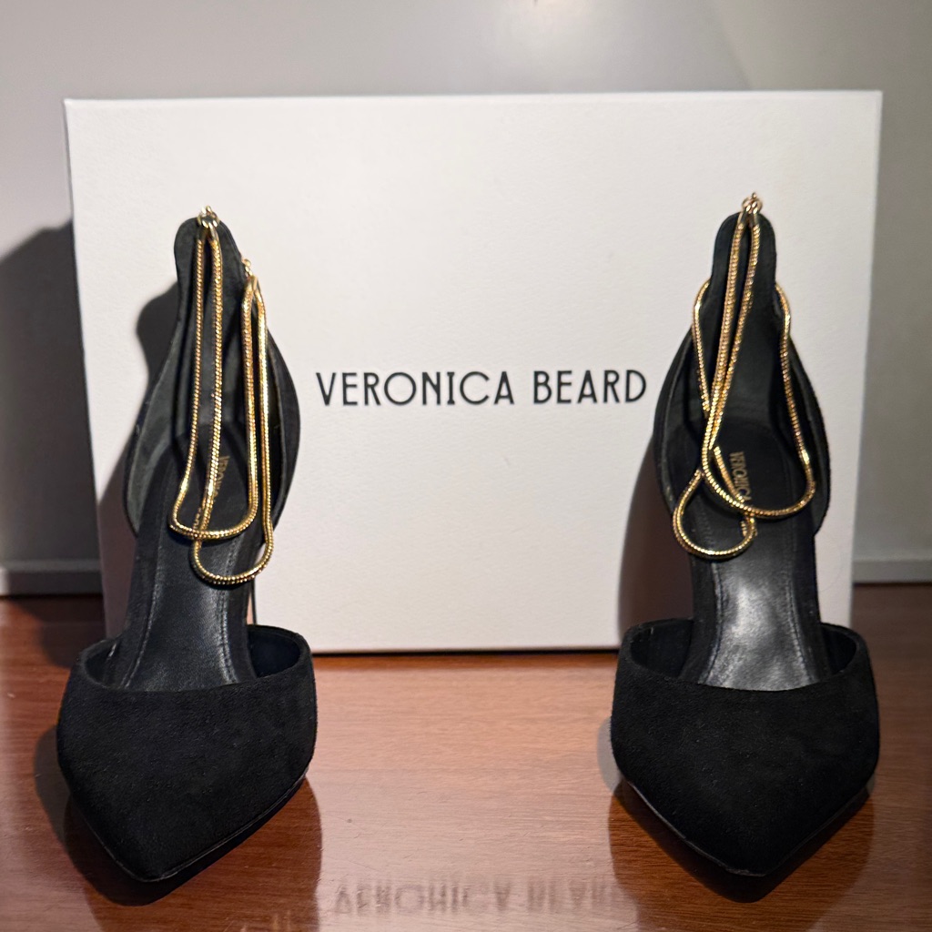 Veronica Beard Black Suede Pointed Heels With Gold Chain Ankle Wraps